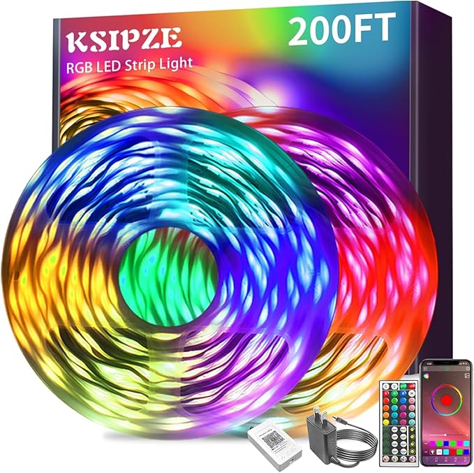 KSIPZE Led Strip Lights 200ft(2x100ft) RGB Music Sync Color Changing Bluetooth Led Lights with Smart App Control Remote Led Lights for Bedroom Room Lighting Flexible Home Décor