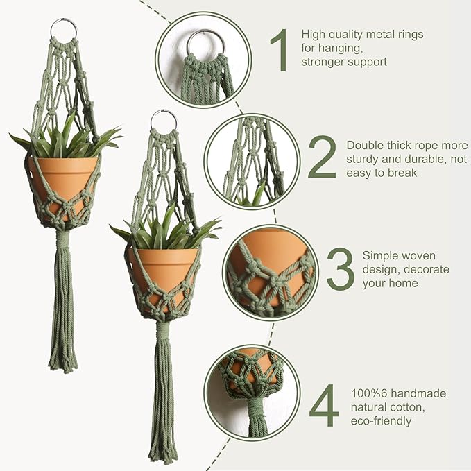 Artilady Macrame Hanging Planter for Indoor Plants, Boho Woven Plant Hanger Large Hanging Flower Pot Holders Outdoor Baskets Storage Green Wall Decor (Olive Green-2pcs)