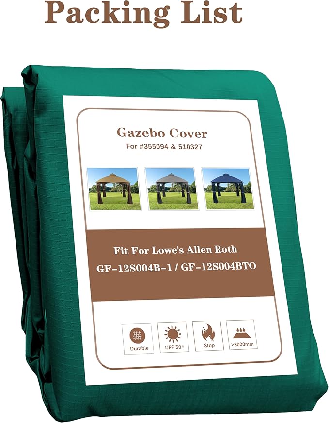 SCOCANOPY Forest Green Ripstop Replacement Top Fit for Lowe's Allen Roth 10X12 Gazebo Model #GF-12S004B-1/ GF-12S004BTO