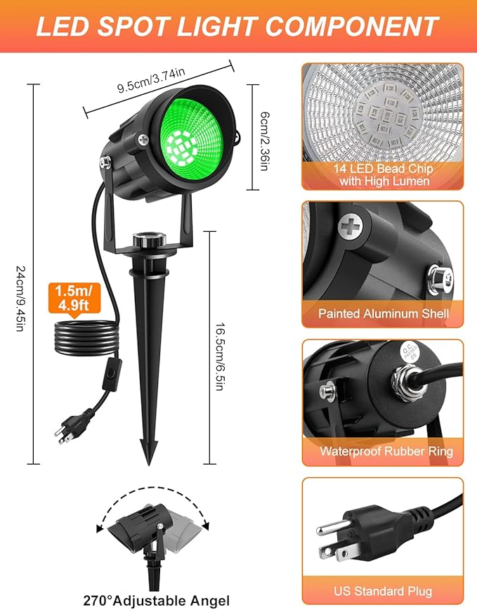 Green LED Spot Lights Outdoor, 14 LED Landscape Lighting with US Plug, IP65 Waterproof Spotlights for Tree Yard Garden Pathway Flag St. Patrick's Day Halloween Christmas Decor 2 Pack