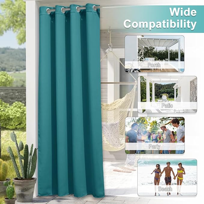 NICETOWN Outdoor Curtain for Patio Waterproof Extra Wide 84 inch, Sun Blocking Vertical Blinds Thermal Insulated Stainless Grommet for Front Porch/Gazebo/Lanai, Peacock Teal, 1 Piece, 84 inch L