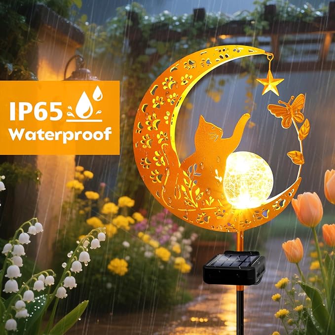 YJFWAL Garden Solar Cat Lights Pathway Stake Lights Glass Globe with Moon Cat Decor, Christmas Gift for Mom Grandma Friends, Outdoor Decor Light Waterproof for Walkway, Patio or Garden (Warm White)
