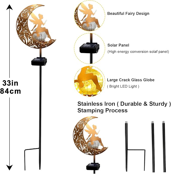YJFWAL Garden Solar Lights Pathway Stake Lights Moon Fairy Glass Globe with Angel Decor, Christmas Gift for Mom Grandma Friends, Outdoor Decor Light Waterproof for Walkway, Patio, Garden (Warm White)