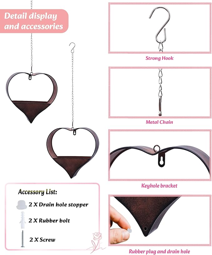 Metal Plant Hangers Indoor and Outdoor for Mom Women Her Wife Garden Lovers Birthday - Heart Shape Hanging Planters for Window Wall Living Room Office Decor(2 Pack)
