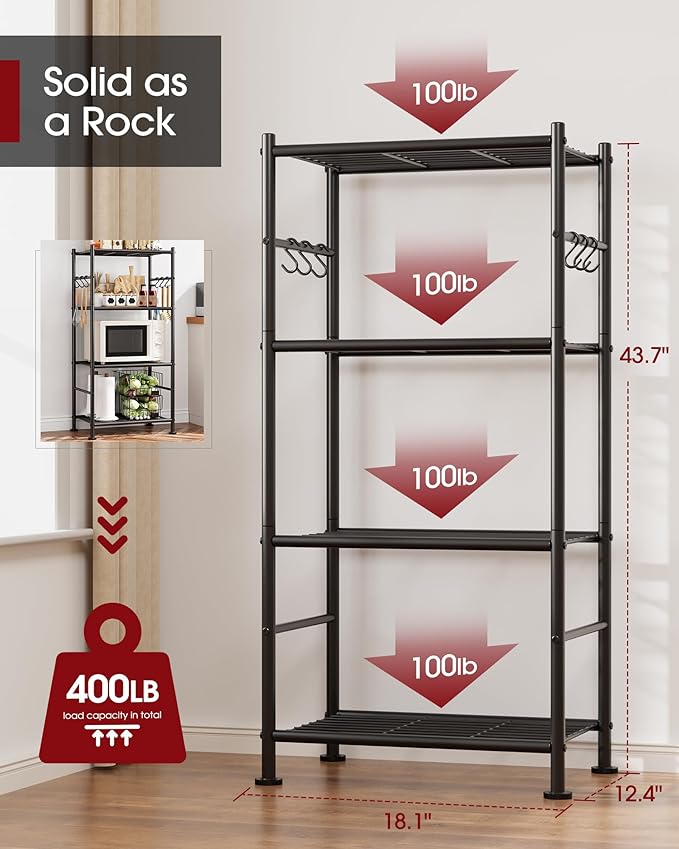 Storage Shelves - 4-Tier Large Capacity Shelf Organizer with Hooks, Heavy-Duty Garage Shelving with Leveling Feet, Wobble-Free Rack for Bedroom, Balcony, Garage, 18.1"×12.4"×43.7", Black
