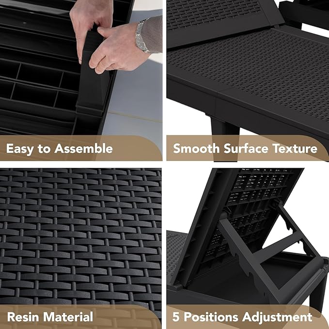 Devoko Outdoor Chaise Lounge Chair Set of 4 for Outside Pool Patio, Adjustable Waterproof Easy Assembly Chaise Lounge Outdoor (Black, Set of 4)