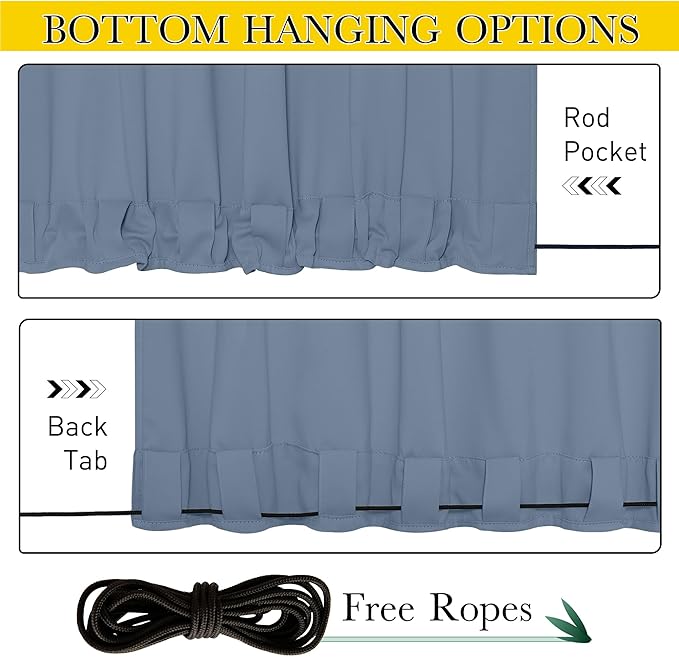 NICETOWN 2 Panels Outdoor Curtains Waterproof Pocket & Back Tab on Top & Bottom, Thermal Insulated Fixed Windproof Outdoor Drapes Privacy for Patio with Rope for Fixed, W52 x L95, Stone Blue