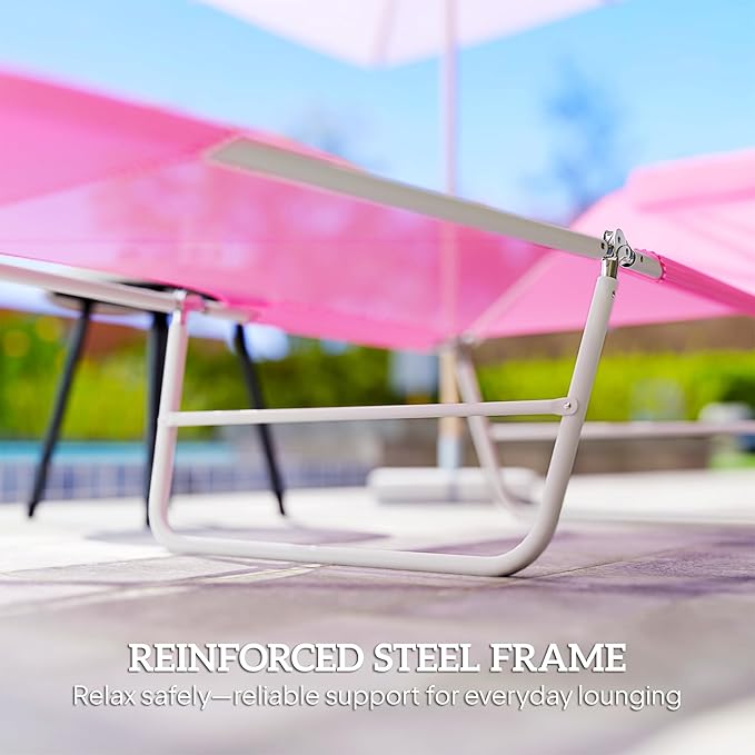 Outsunny Folding Chaise Lounge Chair, Pool Sun Tanning Chair, Outdoor Lounge Chair with Reclining Back, Breathable Mesh Seat, Headrest for Beach, Yard, Patio, Pink