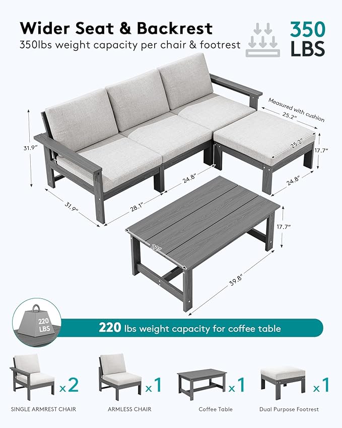 SERWALL Outdoor Sectional Sofa Set, 5-piece Outdoor Modula Couch Set with Ottoman, All Weather Patio Furniture Set with Chaise for Deck, Lawn, Gray Frame with Khaki Cushion