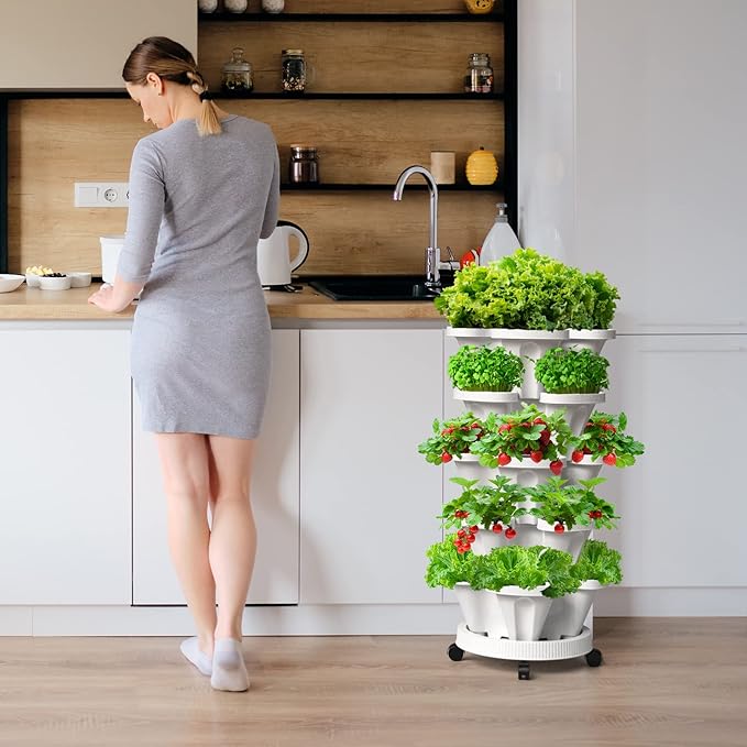 Strawberry Vertical Planter 2 Pack, 6 Tiered Stacking Garden Tower, Stackable Herb Vegetable Planters with Support Pole Indoor Outdoor Black
