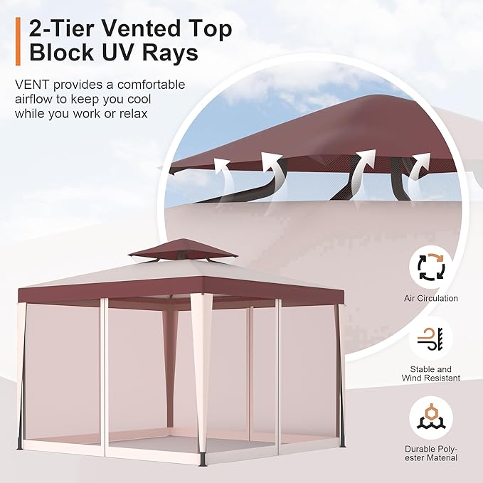 Patio Gazebo Tent Outdoor Canopy Shelter 10'x10' with Removable Netting,100 Square Feet of Shade for Garden, Backyard Deck and Lawns (Red)