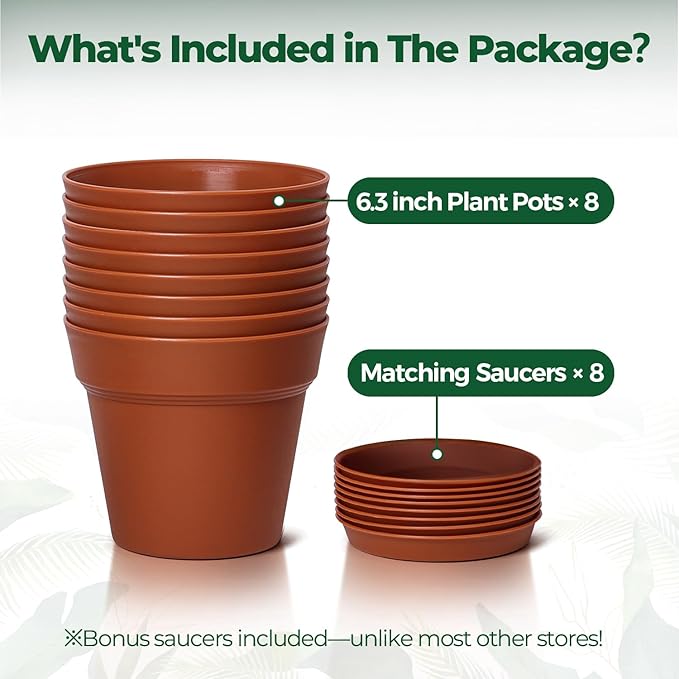T4U 6 Inch Plant Pot 8-Pack, Plastic Planter with Drainage Hole and Saucer, Decorative Nursery Pots Bulk for African Violet, Snake Plant, Succulent, Herb and Plants Indoor (8 Pcs 6" Pots)