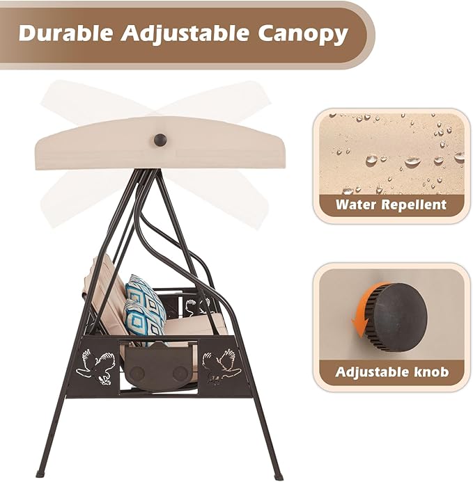 3-Seat Outdoor Porch Swing with Stand, Patio Swing with Canopy, 2 in 1 Porch Swing Bed & Patio Swing Chair for Adult, w/Extra Pillows and Cup Holder for Yard