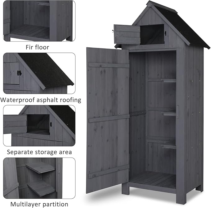 Outvita 70in Outdoor Storage Shed, Waterproof Wooden Garden Storage Cabinet with Lockable Door, Grey