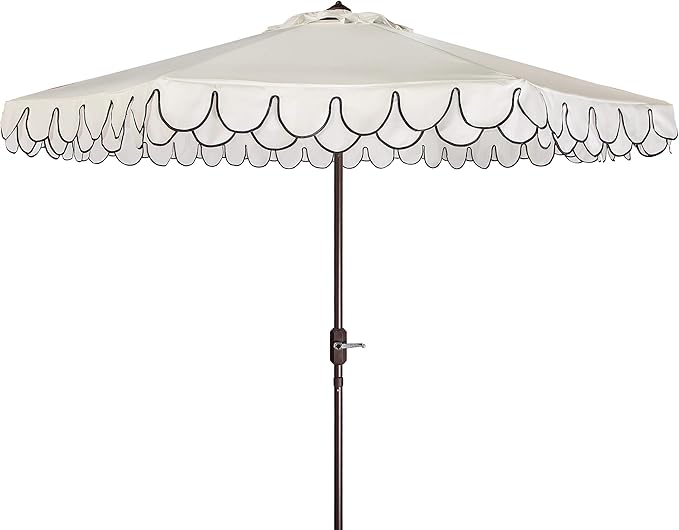 SAFAVIEH 9ft Outdoor Patio Umbrella, Round, Valance, Ivory & Black Trim, Auto Crank Tilt, UV Resistant for Deck, Backyard, Poolside (PAT8006E)