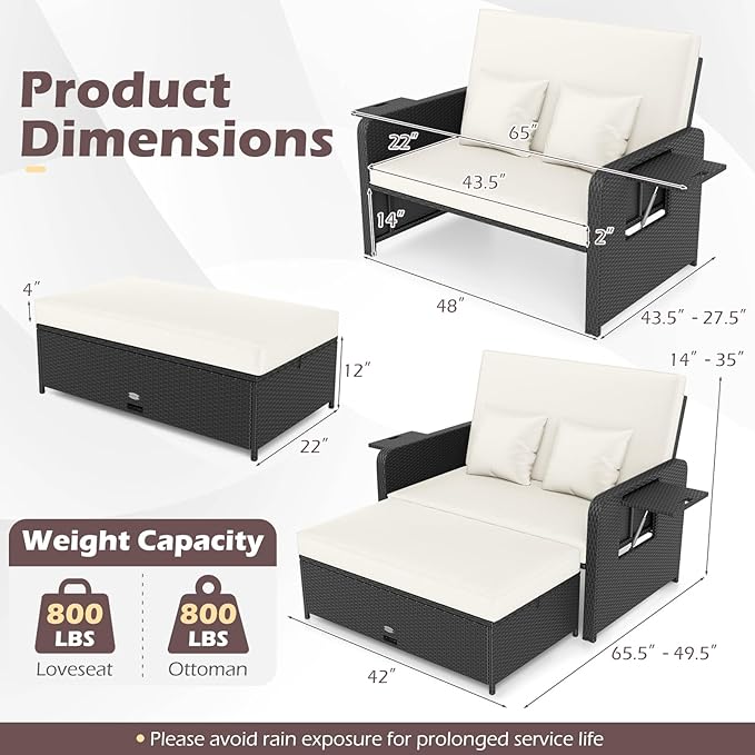 Tangkula Patio Rattan Daybed with 4-Level Adjustable Backrest, Outdoor PE Wicker Loveseat with Storage Ottoman & Folding Side Tray, Double Sunbed Lounger for Balcony, Backyard & Poolside (White)