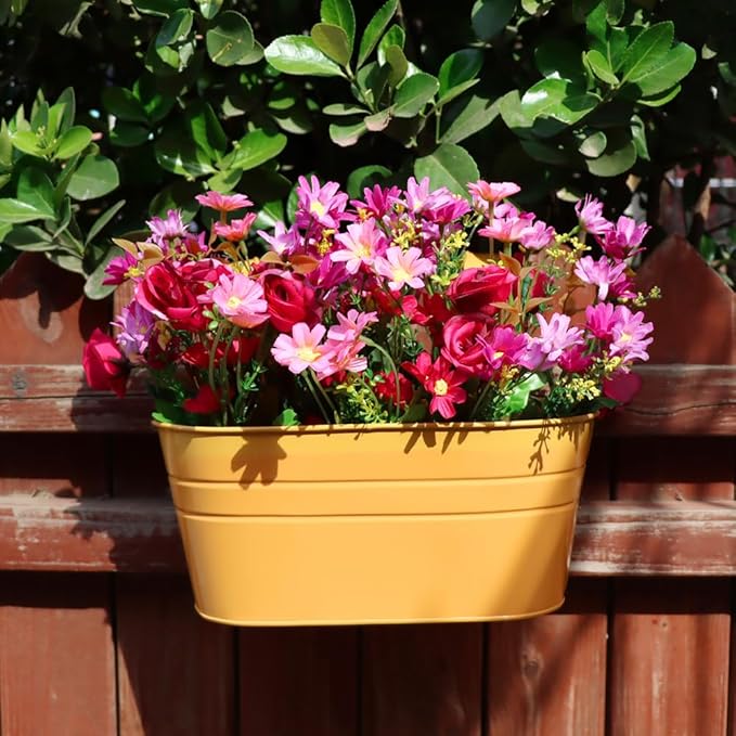 3 Pack Metal Railing Planters, 10.5" Oval Hanging Flower Pots with Detachable Hooks & Drainage Holes, Fits Rails up to 2.36", Galvanized Iron Fence Bucket for Balcony Garden Patio - Orange