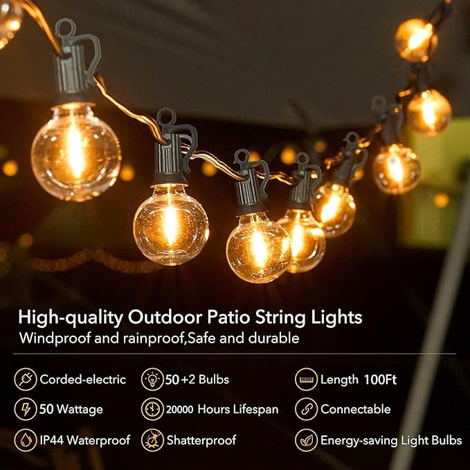 Brightown Outdoor String Lights, 100FT 50+2 G40 Bulbs Shatterproof Patio Lights, IP65 Waterproof Dimmable Hanging Connectable Globe LED Outdoor Lights for Backyard, Bistro, Porch, Deck, Balcony