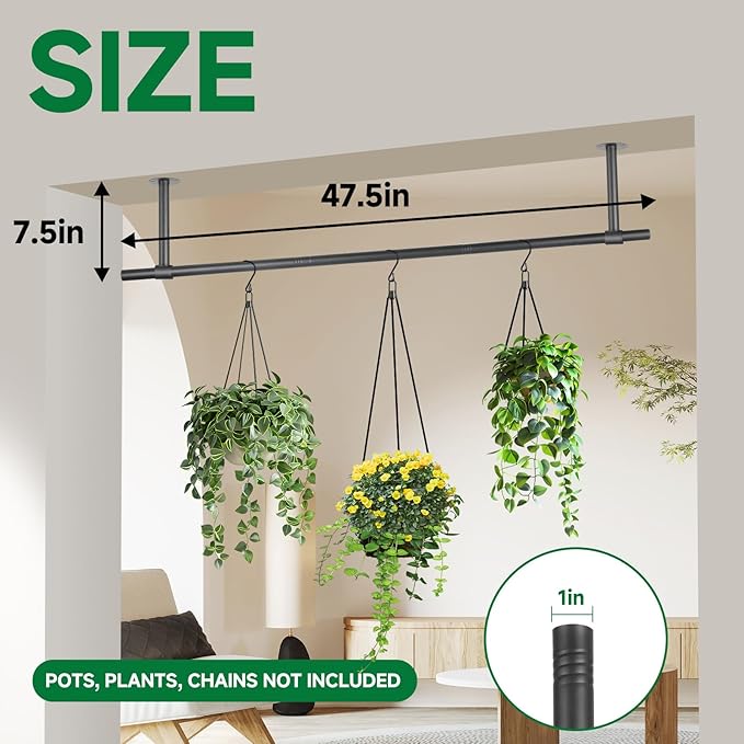 Hanging Planters Rod – Plant Hanger Indoor for Window Ceiling, Hanging Plant Shelf for Wall Planter House Plants, Plant Shelves Metal Holder Bar 47.5In (Pots, plants, chains not included)