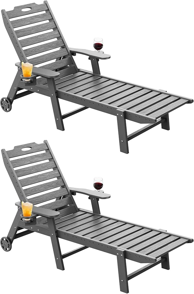 Carauci Lounge Chair Outdoor Set of 2, HDPE Chaise Lounge with Wheels, 5-Position Adjustable Backrest & 2 Cup Holders Patio Lounge Chair, All-Weather Pool Sun Lounger for Poolside, Backyard, Grey