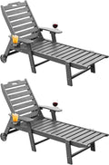 Carauci Lounge Chair Outdoor Set of 2, HDPE Chaise Lounge with Wheels, 5-Position Adjustable Backrest & 2 Cup Holders Patio Lounge Chair, All-Weather Pool Sun Lounger for Poolside, Backyard, Grey