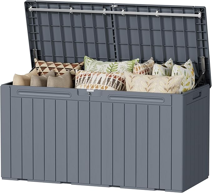 Devoko 100 Gallon Outdoor Storage Box, Waterproof Resin Deck Box for Patio Furniture, Lockable Container for Garden Cushions & Pool Supplies (Gray, 100 Gallon)