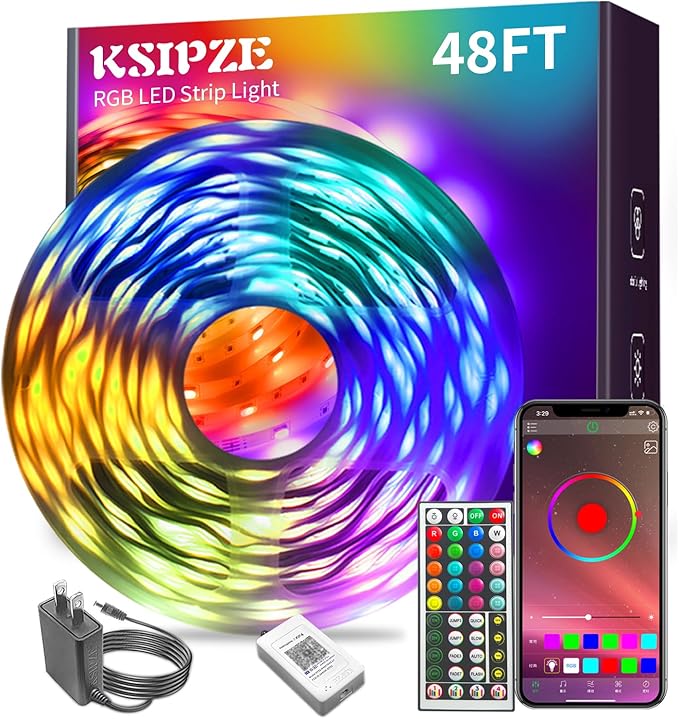 KSIPZE Led Lights for Bedroom 48ft Led Strip Lights with Remote RGB Color Changing Music Sync Bluetooth Smart App Control for Room Bedroom Lighting Flexible Home Décor