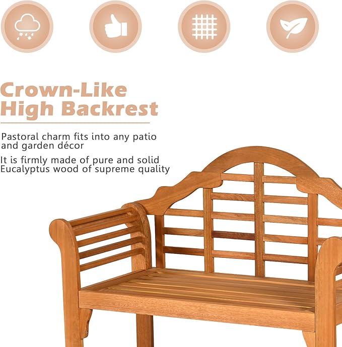 Giantex Outdoor Wood Bench, 4 Ft Foldable Eucalyptus Garden Bench, Two Person Loveseat Chair Solid with Curved Backrest and Armrest Ideal for Patio, Porch or Balcony (Teak)