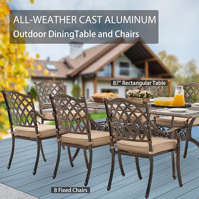 9-Piece Cast Aluminum Patio Furniture, Outdoor Dining Sets for 8 Include 87" Rectangular Patio Dining Table and 8 Stackable Chairs with Cushions & Umbrella Hole (Bronze)