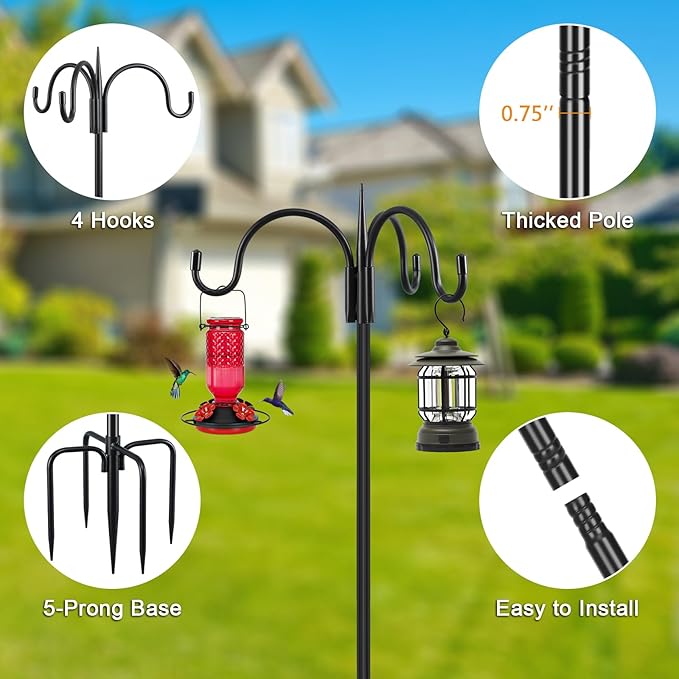 FEED GARDEN [Upgrade Version 76 Inch Three Shepherd Hooks for Outdoor,Bird Feeder Pole with 5 Prong Base, Adjustable Shepard Hooks for Hanging Plant, Solar Lanterns, Wind Chimes, 2 Pack