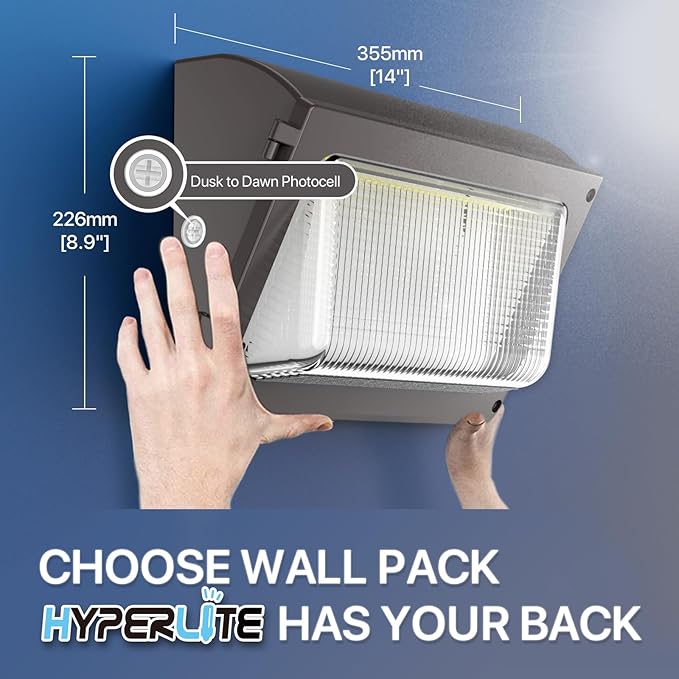HYPERLITE LED Wall Pack Light 120W 2Packs with Dusk to Dawn Photocell and Glass Lens LED Security Flood Commercial and Industrial Outdoor LED Wall Lights Out Door for House Warehouses UL Listed