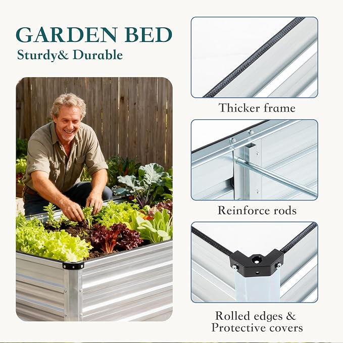 DUMOS Raised Garden Bed Outdoor, 6x3x2ft Planter Box Outdoor for Deep-Rooted Herbs/Flowers/Vegetables, Large Metal Garden Bed for Patio, Balcony and Backyard, Silver