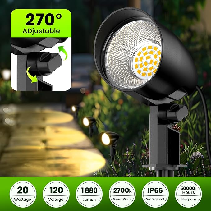 ZZXX 20W Outdoor Spotlight LED Landscape Lighting 120V Pathway Lights IP66 Waterproof Aluminum Yard Spot Lights 1880LM 2700K Warm White Landscape Spotlights with US 3-Plug in (2 Pack)
