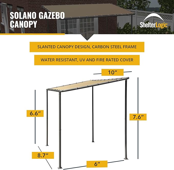 ShelterLogic 10' x 6' Solano Gazebo Canopy Charcoal Carbon Steel Frame and Water-Resistant and Sun Protection Tan Cover