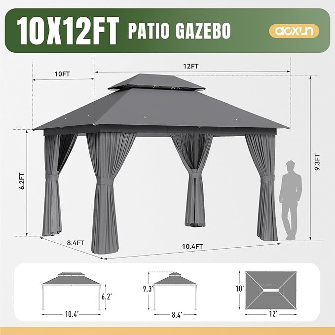 Aoxun Outdoor Gazebo for Patio 10x12, Metal Frame Canopy with Double Roofs, Heavy Duty Party Tent and Shelter with Mosquito Netting and Privacy Screen for Backyard, Lawn, Garden, Deck