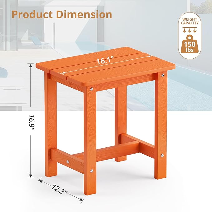 LUE BONA Outdoor Side Table, HDPS Small Outdoor Table, Adirondack Side Table, Outside End Table for Patio, Porch, Deck, Pool, Weather Resistant/Easy Maintenance/Indoor or Outside Use, Orange
