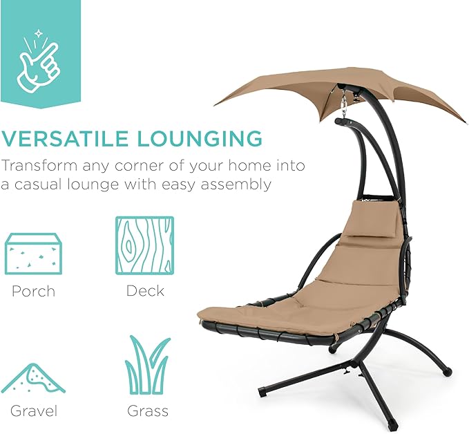 Best Choice Products Outdoor Hanging Curved Steel Chaise Lounge Chair Swing w/Built-in Pillow and Removable Canopy - Tan