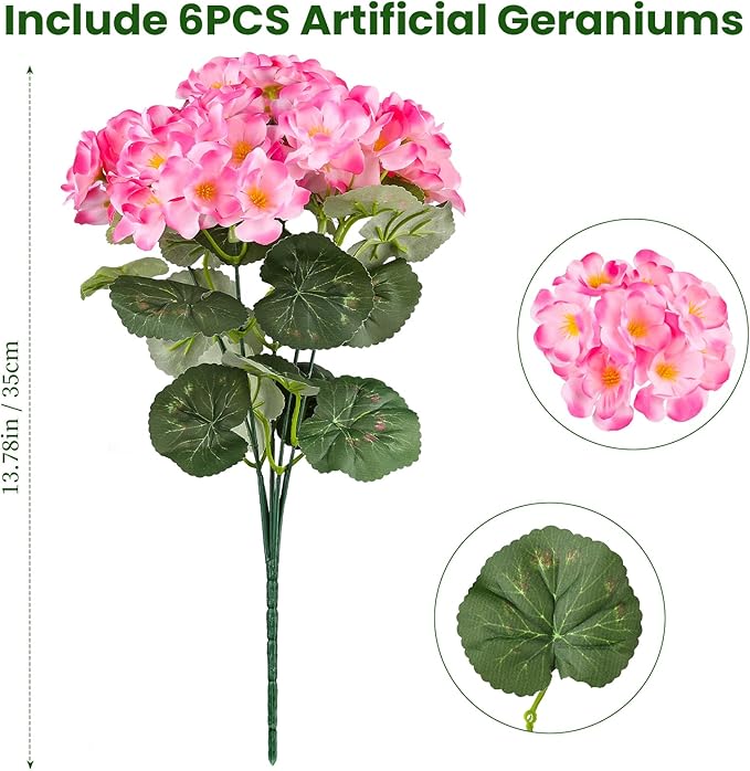 Artificial Geraniums Flowers for Outdoors, 6 Bundles Realistic Silk Fake Geranium, No Fade Faux Plants for Hanging Baskets, Window Boxes, Pots - Porch, Patio, Garden Decor(Pink)