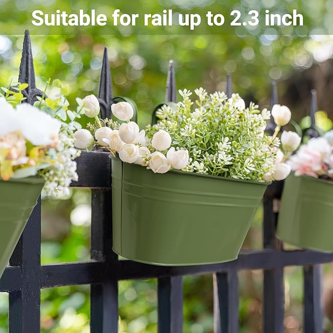 Dahey 10.5 Inch Metal Iron Hanging Flower Pots for Railing Fence Hanging Bucket Pots Countryside Style Outdoor Planter Window Flower Plant Holder with Detachable Hooks Home Decor,Green,5 Pcs