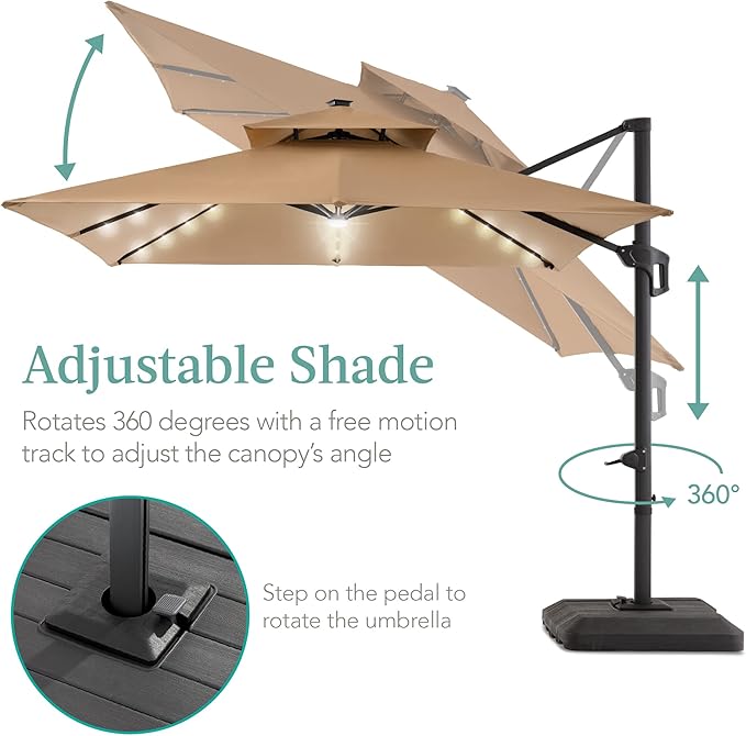 Best Choice Products 10x10ft Cantilever Patio Umbrella w/Base Included, Solar LED Lights 360 Rotation Large Offset Hanging Outdoor Shade for Deck Pool Backyard w/Stand – Tan