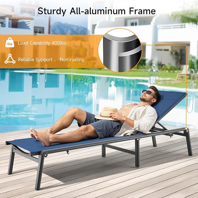 Aluminum Chaise Lounge Chair Outdoor, Foldable & Assembly Free Outdoor Lounge Chair with 5 Position Adjustable Backrest, Patio Pool Lounge Chairs for Outside Poolside Beach Lawn, 1PC, Navy Blue