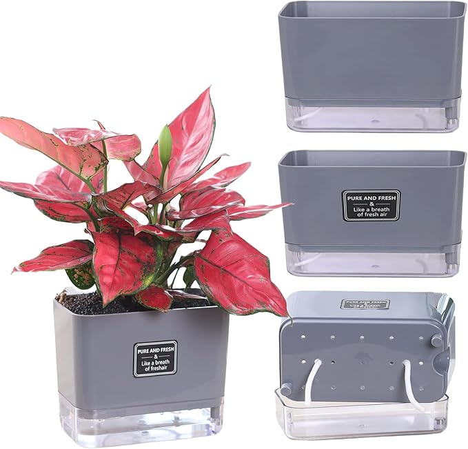 FAMZ Self Watering Pots for Outdoor Plants 4 Pack, Suitable for Indoor and Outdoor Garden Plants and Flowers, Rectangle Planter Box, African Violet Pots, Plant pots, Small Planter (7" Gray)