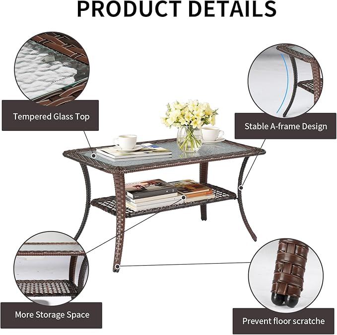 VINGLI Outdoor Coffee Table with Storage Wicker Patio Coffee Table, Tempered Glass Top Coffee Table for Patio Outside Balcony Porch Deck (Brown)