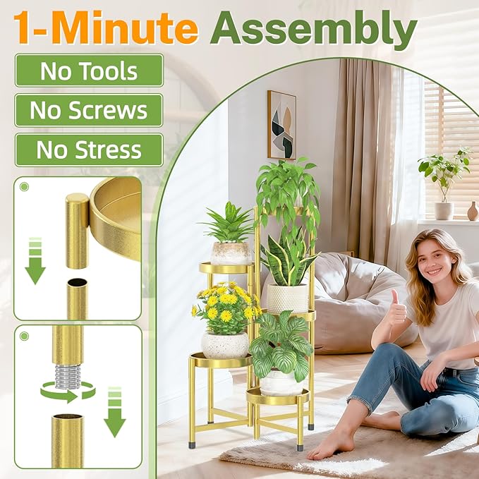 iDavosic.ly Plant Stand Indoor Outdoor, 5 Tier Corner Metal Flower Display Holder Shelf, Easy Assembly Folding Tall Orchid Rack for Patio Balcony Porch Garden Living Room House, Gold