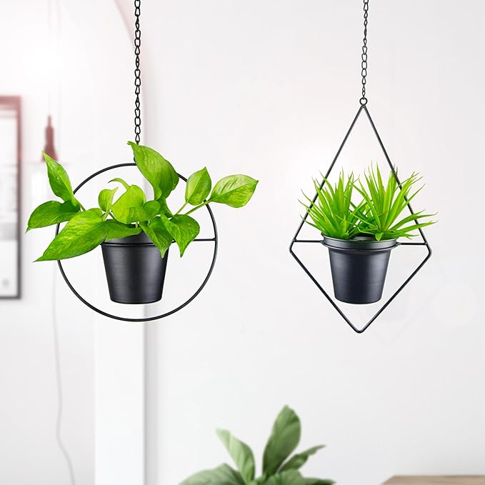 Metal Hanging Planters, Modern Plant Hanger with 5 inch Flower Pot, Set of 2 Black Plant Holder in Diamond and Round Shape, Small Wall and Ceiling Planter for Indoor Plants, Home Décor