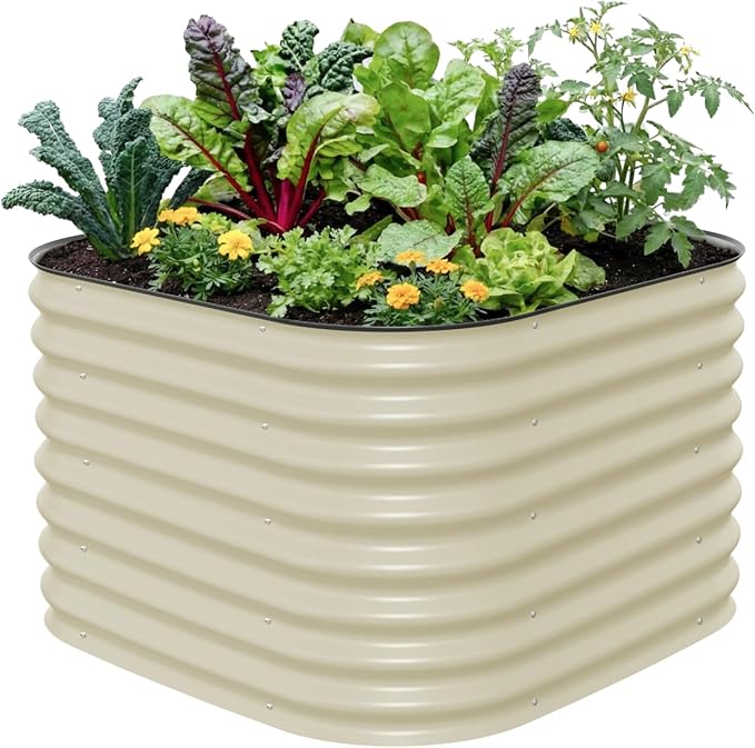 Vego garden 26" Extra Tall Raised Garden Bed Kits, 4 in 1 Modular Raised Planter Box for Vegetables Flowers Fruits Oval Metal Raised Garden Pearl White