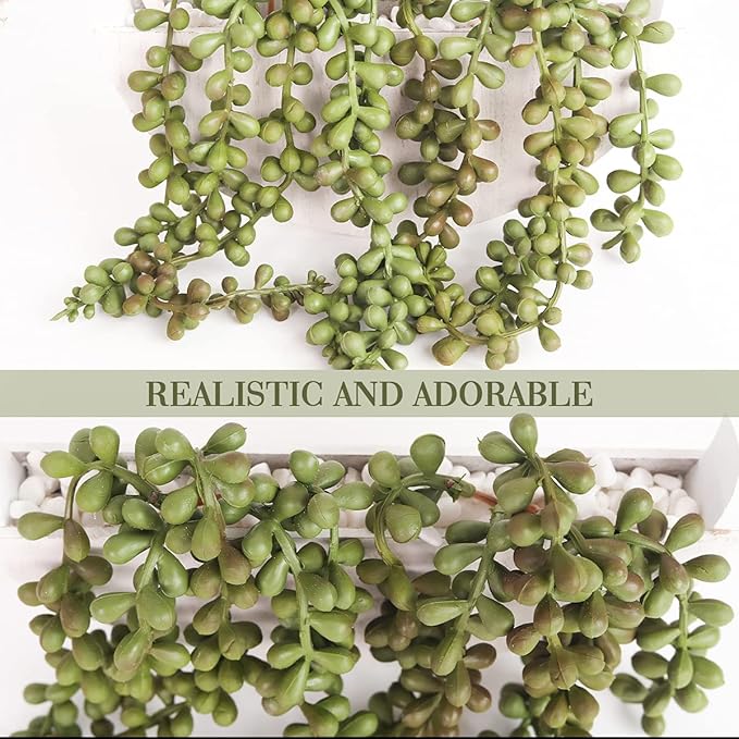 Floweroyal Artificial Succulents Hanging Plants 12.2'' Fake String of Pearls in Pot with 8.3'' Lanyard for Indoor Outdoor Wall Decor.