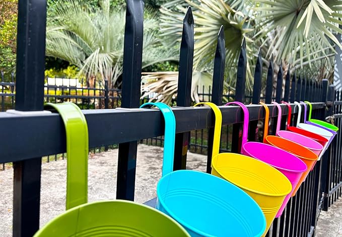 6 Inch Hanging Planters for Outdoor Plants, 10 Pack Metal Railing Planter, Rail Balcony Fence Flower Pot with Detachable Hooks, Colorful Garden Decor