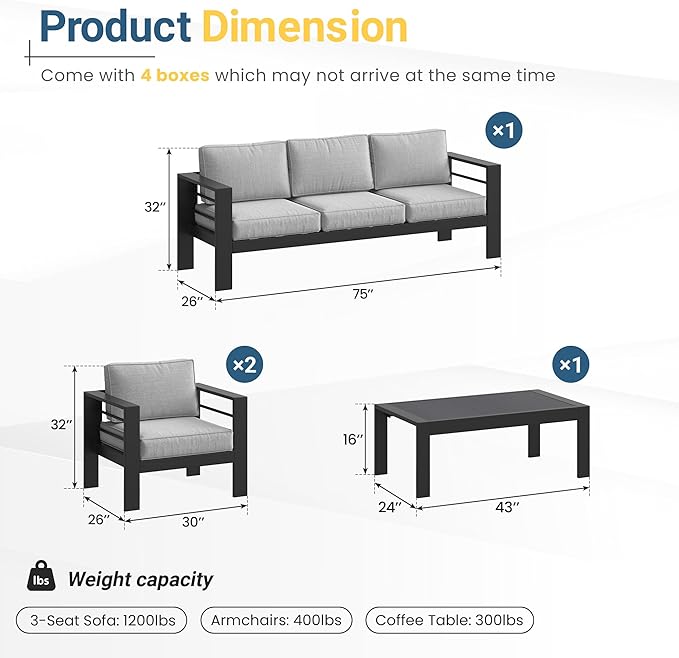 Solaste Aluminum Outdoor Patio Furniture Set, 5 Seats Patio Sectional Sofa with 5" Thick Cushion, Outdoor Patio Set with Coffee Table for Porch, Yard, Backyard, Deck, Light Grey