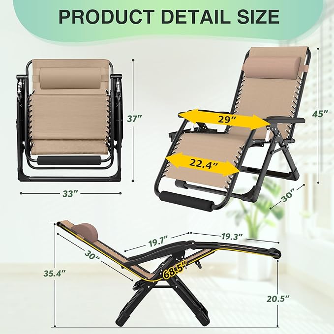 Suteck Oversized Zero Gravity Chair, 29In XL Outdoor Recliner Chair w/Removable Cushion&Headrest, Camping Lounge Chair w/Upgraded Lock&Footrest, Reclining Patio Chairs for Indoor Outdoor,500LBS